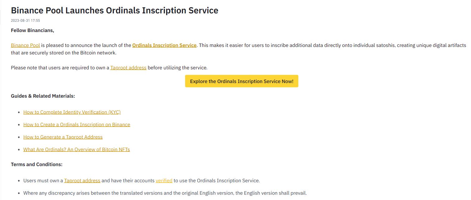Binance Pool Introduces Ordinals Inscription Service on Bitcoin network.JPG
