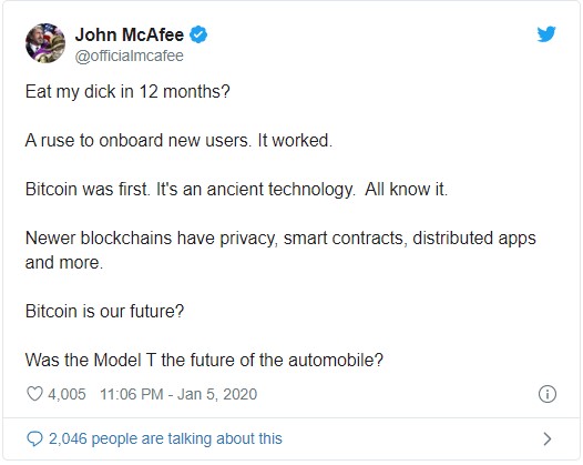 Mcafee Admits 2020 Bitcoin Million Dollar Price Prediction Was A Ruse Blockchain News